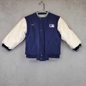 Vintage MLB‎ Baseball Wool Letterman Jacket Boys Reversible Size 6 Blue Leather